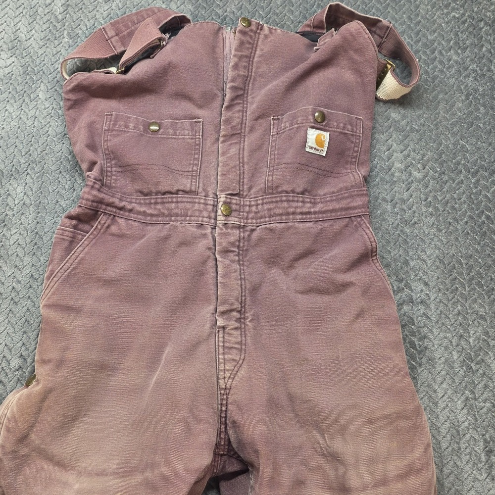 Vintage Carhartt WR027 Women's 6x30 Dark Plum Insulated Bib Overalls Distressed - Picture 2 of 15